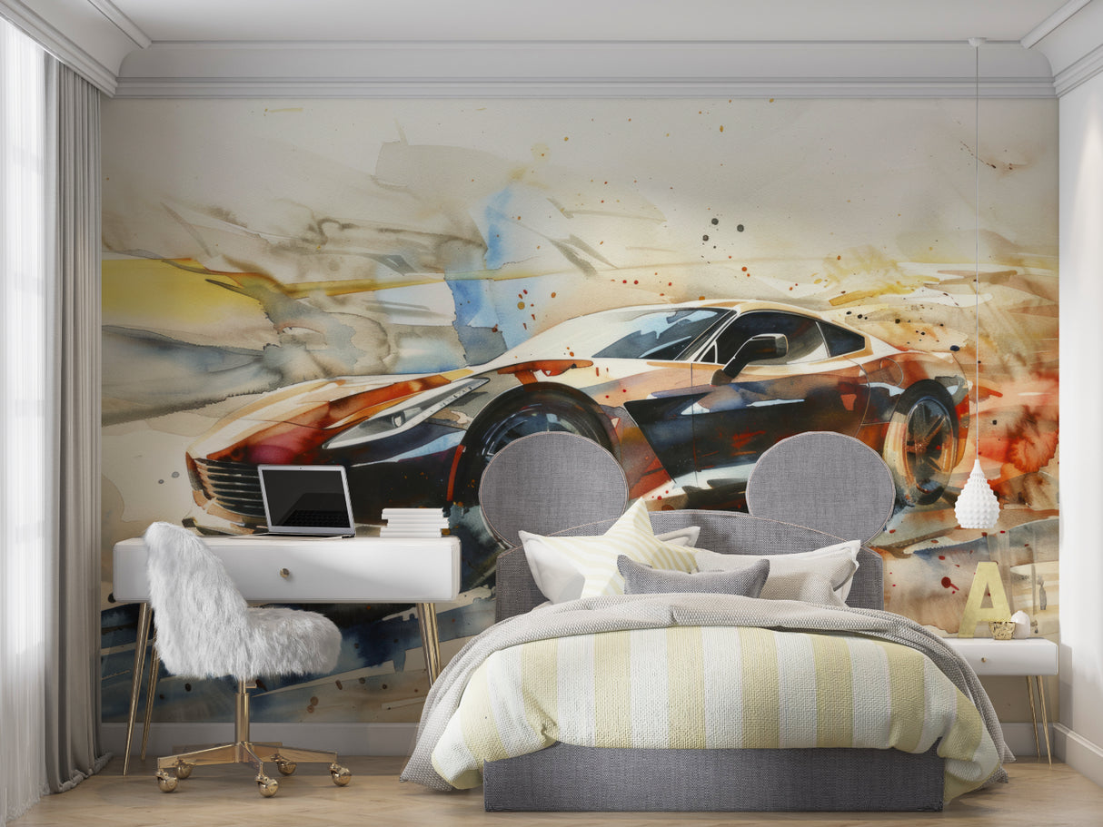 Watercolor sports car design making a statement in modern living room