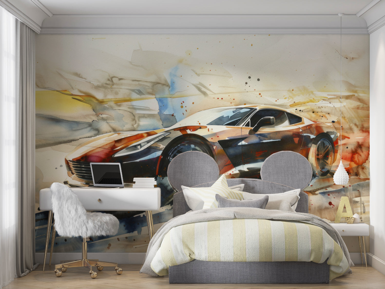 Watercolor sports car design making a statement in modern living room