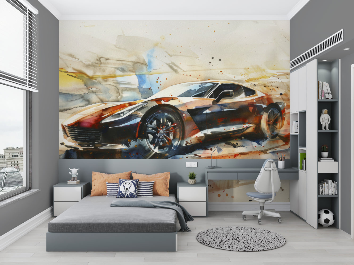 Sports car wallpaper transforming minimalist game room with bold style