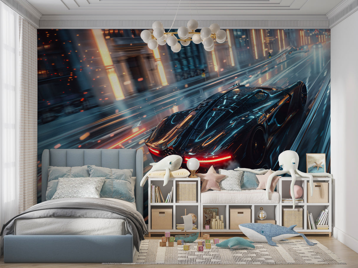 Sports car wall mural in contemporary living room setting