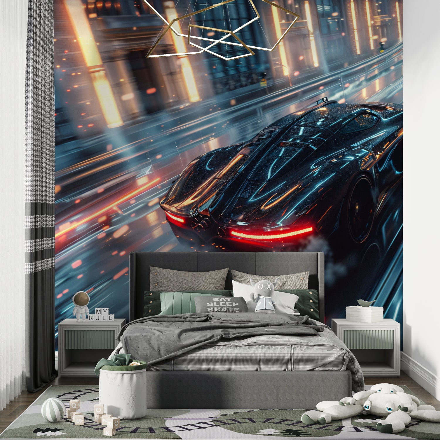 Car mural creating focal point in modern entertainment room