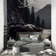 Sports car wallpaper displayed in modern living room with grey sofa and ambient lighting
