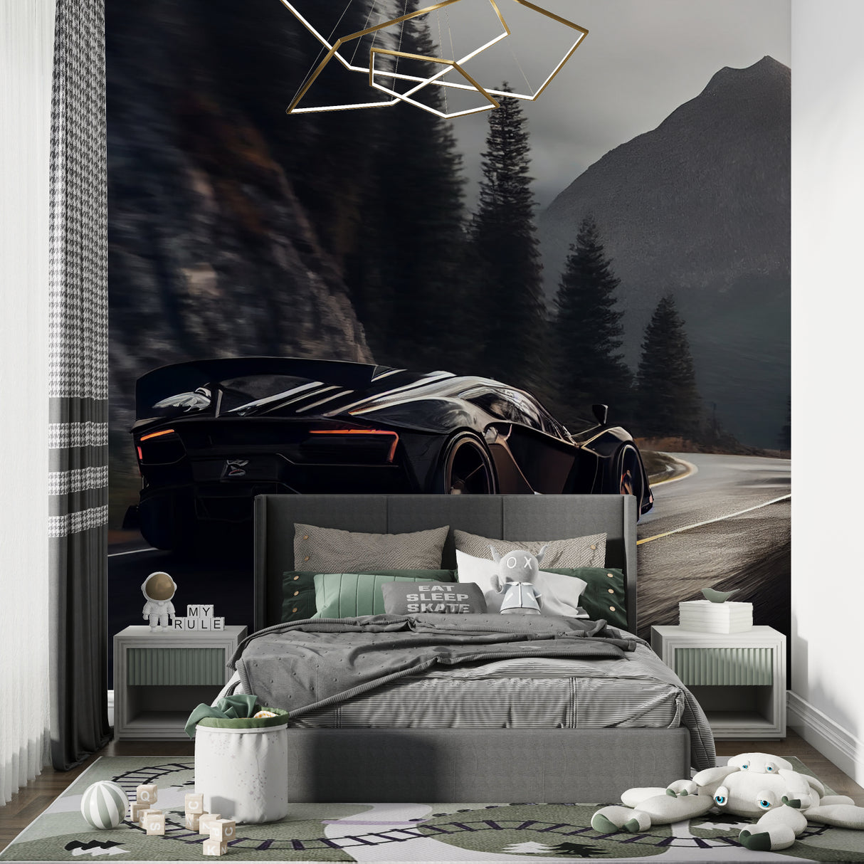 Sports car wallpaper displayed in modern living room with grey sofa and ambient lighting