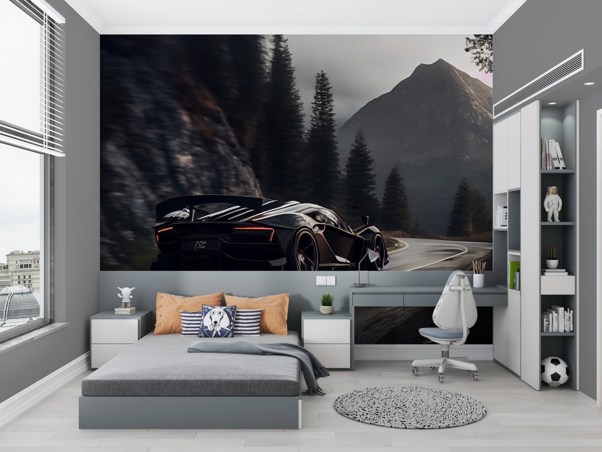 Mountain road car mural creating focal point in teen bedroom with gaming setup