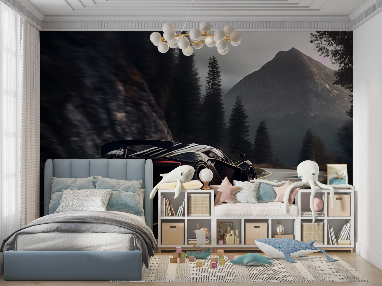 Sports car wall mural in minimalist home office with black desk and chair