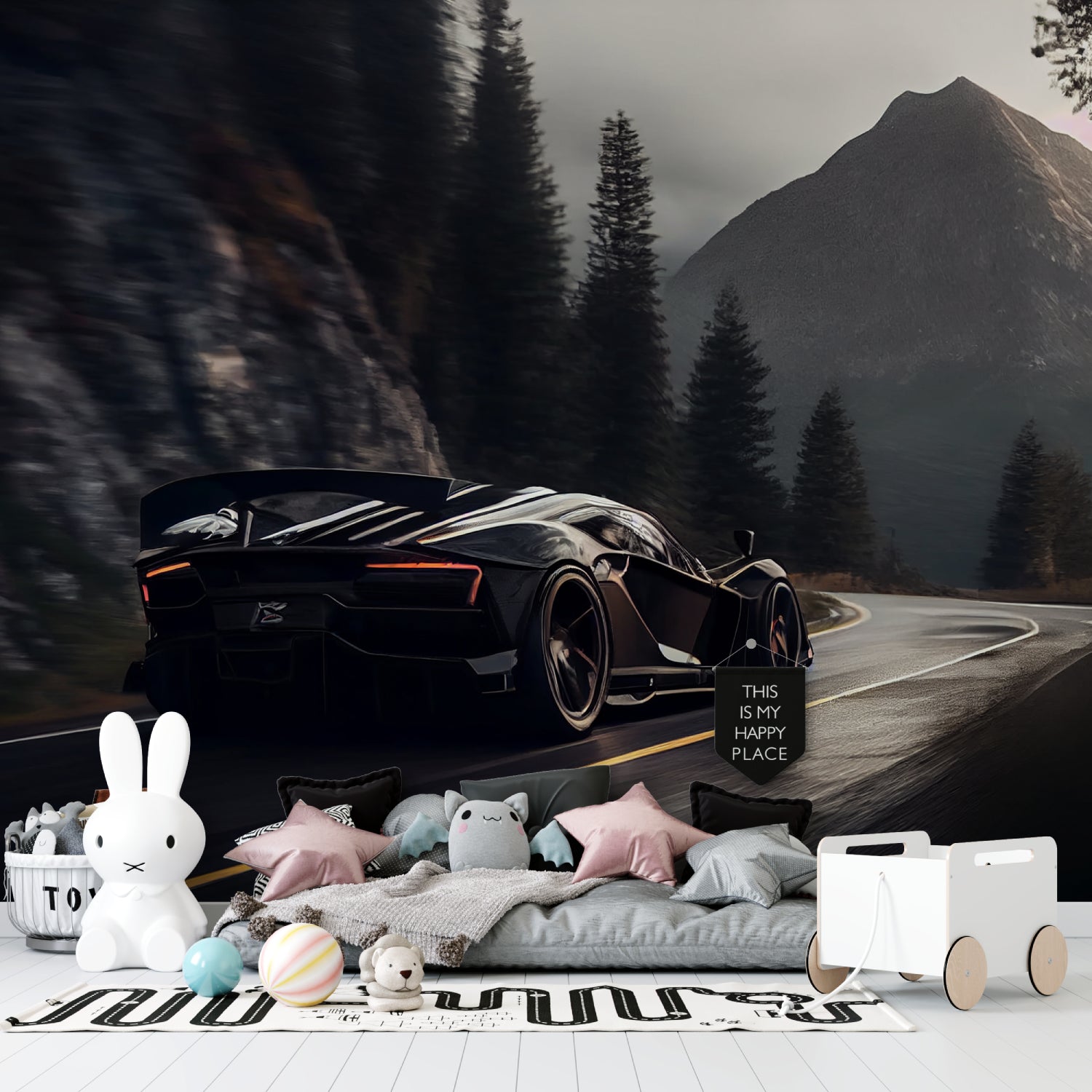 Luxury car wallpaper installation in modern game room with pool table