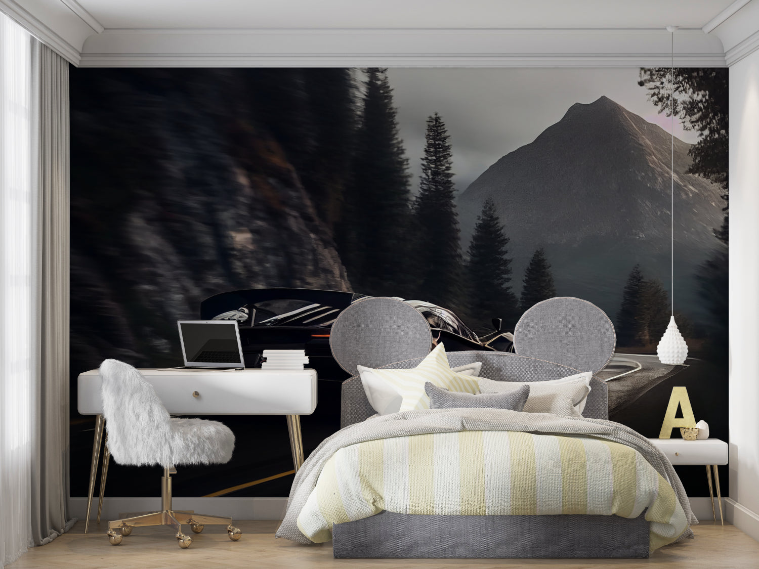 Car mural adding depth to man cave with leather furniture and bar area