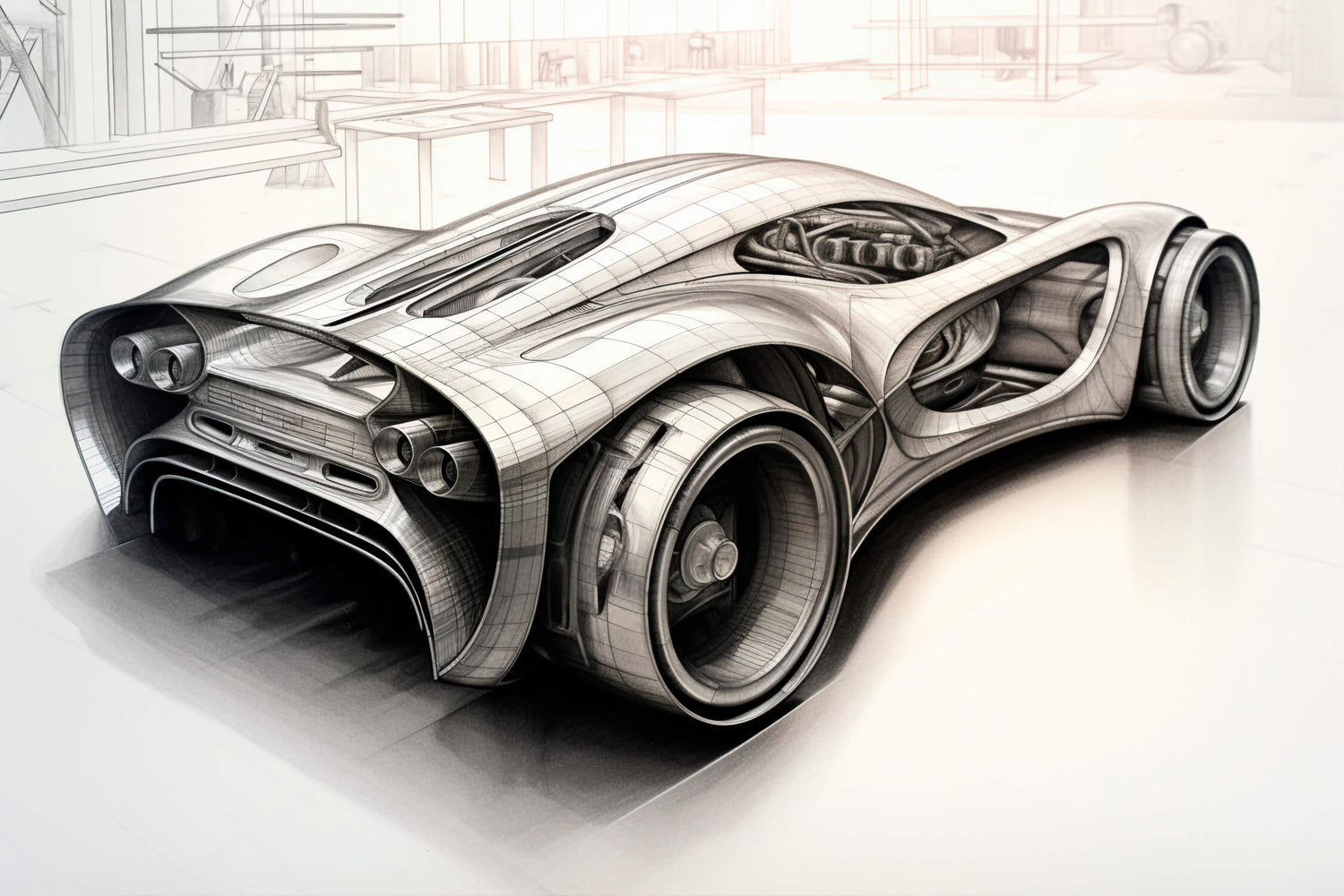 Design file of sports car technical drawing wallpaper showing detailed sketch pattern