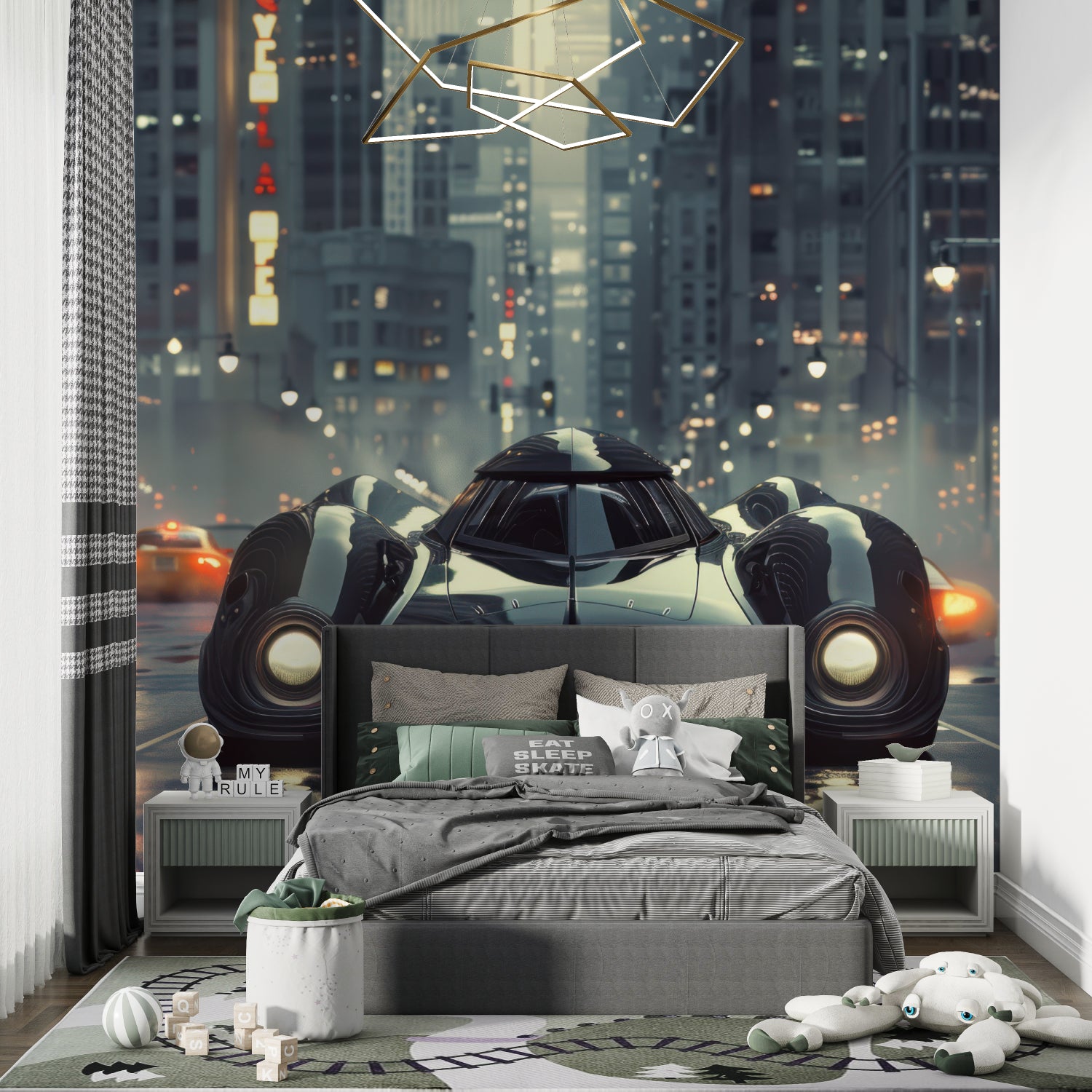 Watercolor car mural installed in gaming room with LED lighting enhancing the design