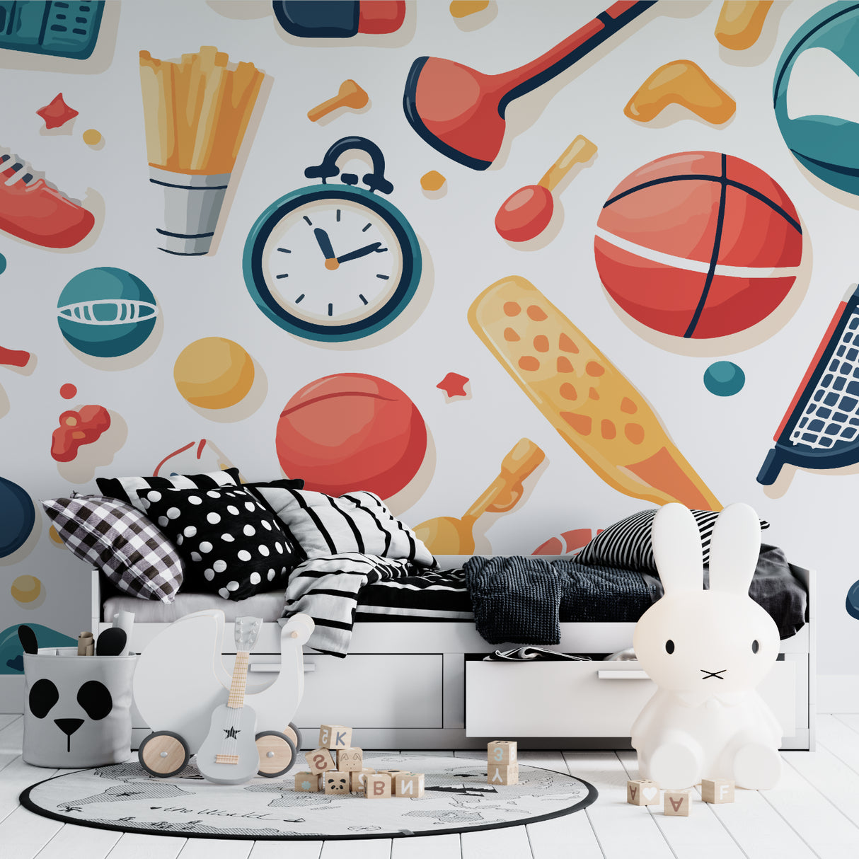 Sports themed wallpaper in modern kids bedroom showing basketball design with coral and teal accents