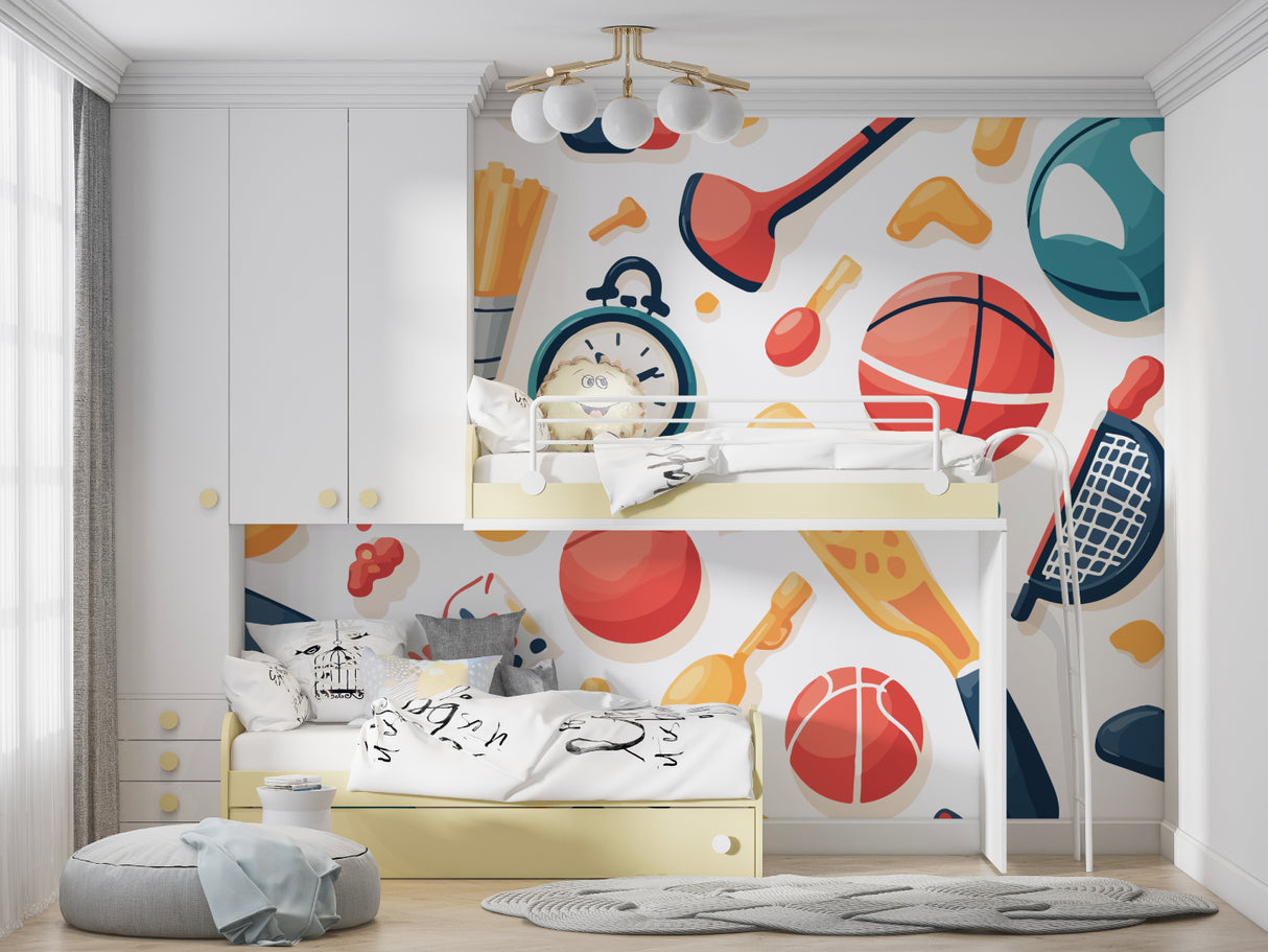 Basketball wallpaper mural displayed in playroom with modern furniture and natural lighting