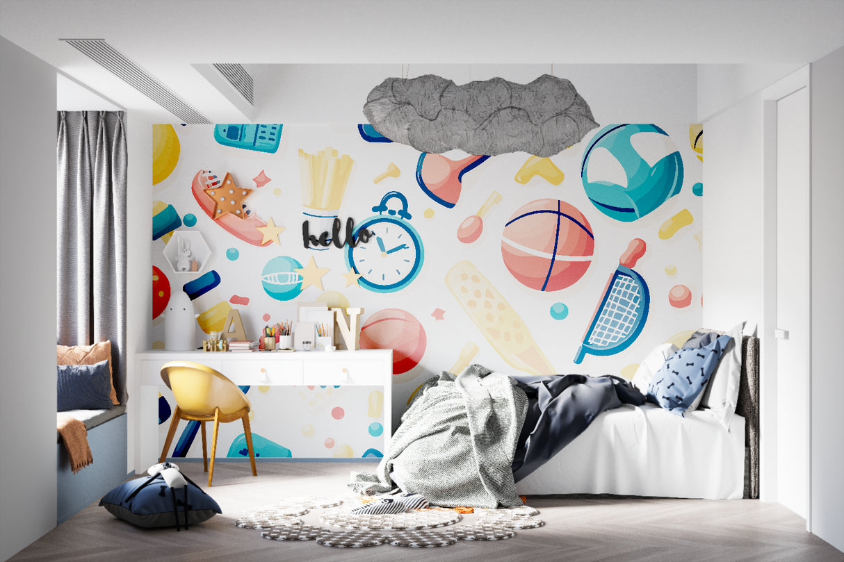 Sports mural wallpaper bringing energy to teen gaming room with athletic theme