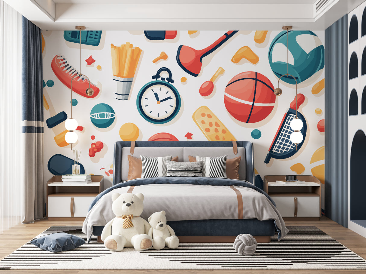 Modern sports wallpaper installation in home gym showing dynamic pattern