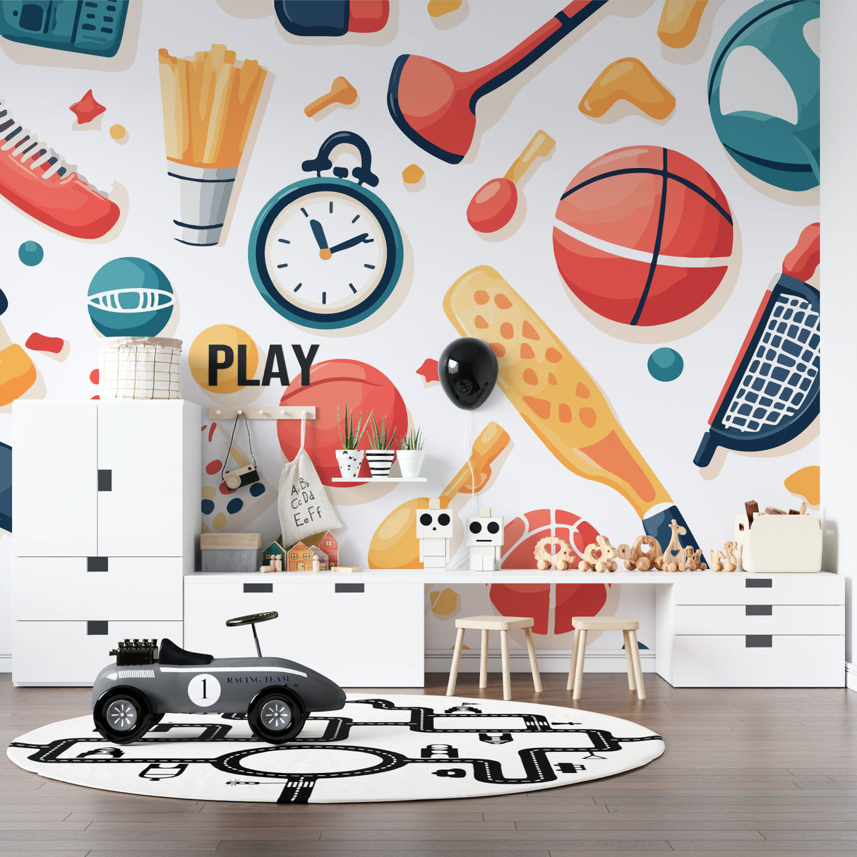 Kids room transformed with sports themed wall mural featuring basketball and gaming elements