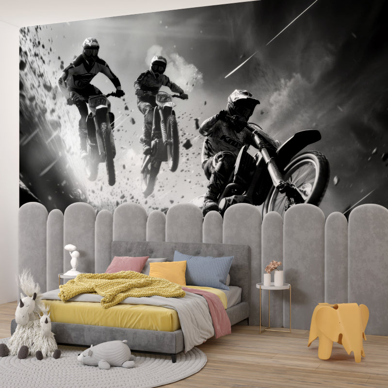 Black and white sports mural showcased in a stylish game room with dramatic lighting