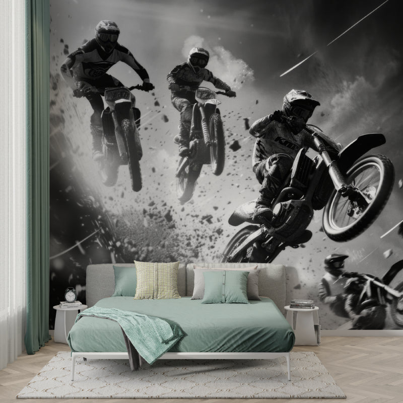 Motocross action wallpaper creating energy in a contemporary living room space