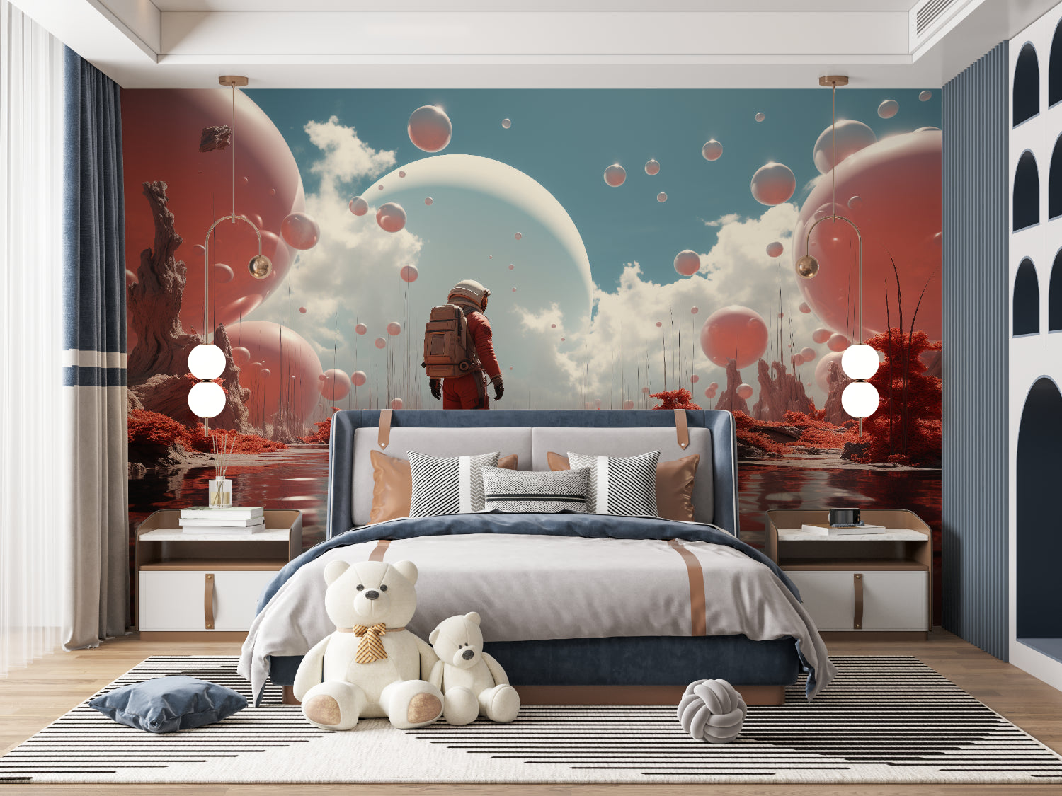 Sports action wallpaper displayed in an urban home office space