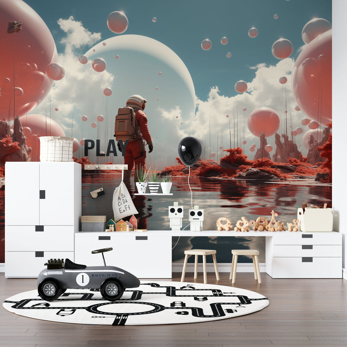 Motocross mural adding dynamic flair to a modern entertainment area