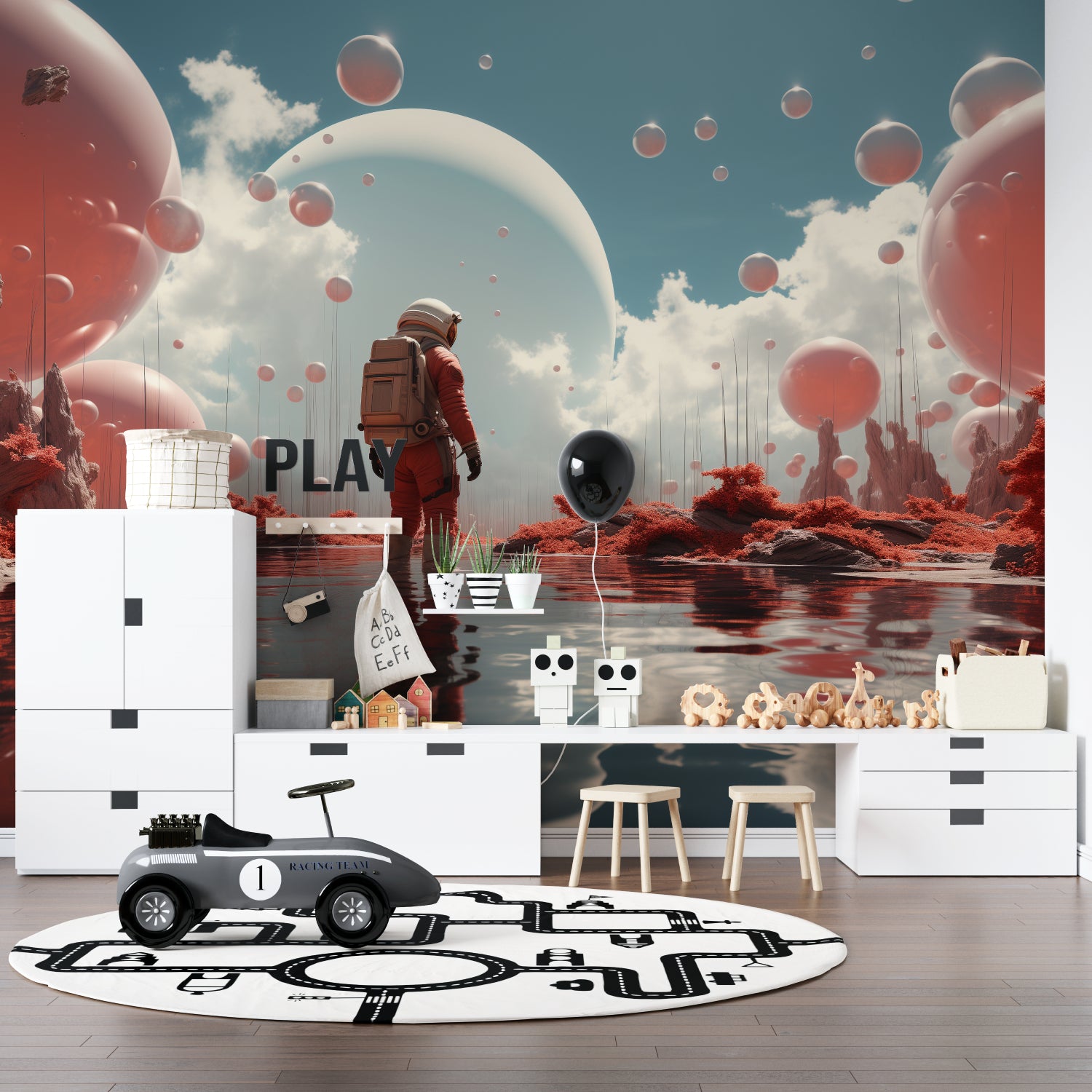 Motocross mural adding dynamic flair to a modern entertainment area