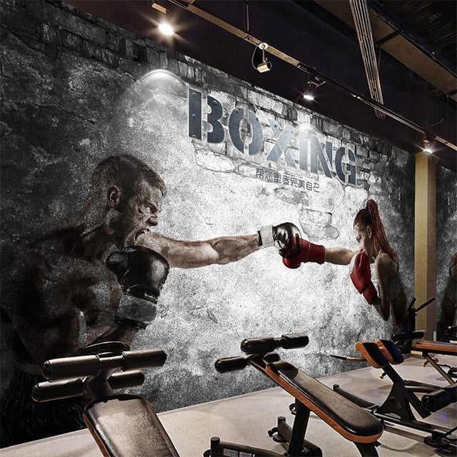 Boxing wallpaper displayed in modern home gym, showing dramatic black and white design
