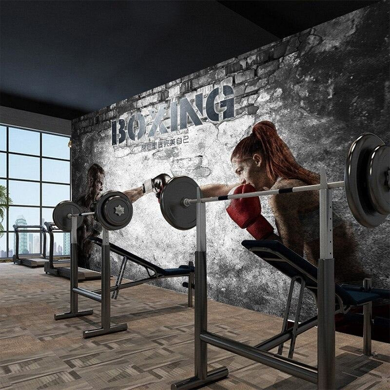 Boxing gym wallpaper installation in training studio with equipment