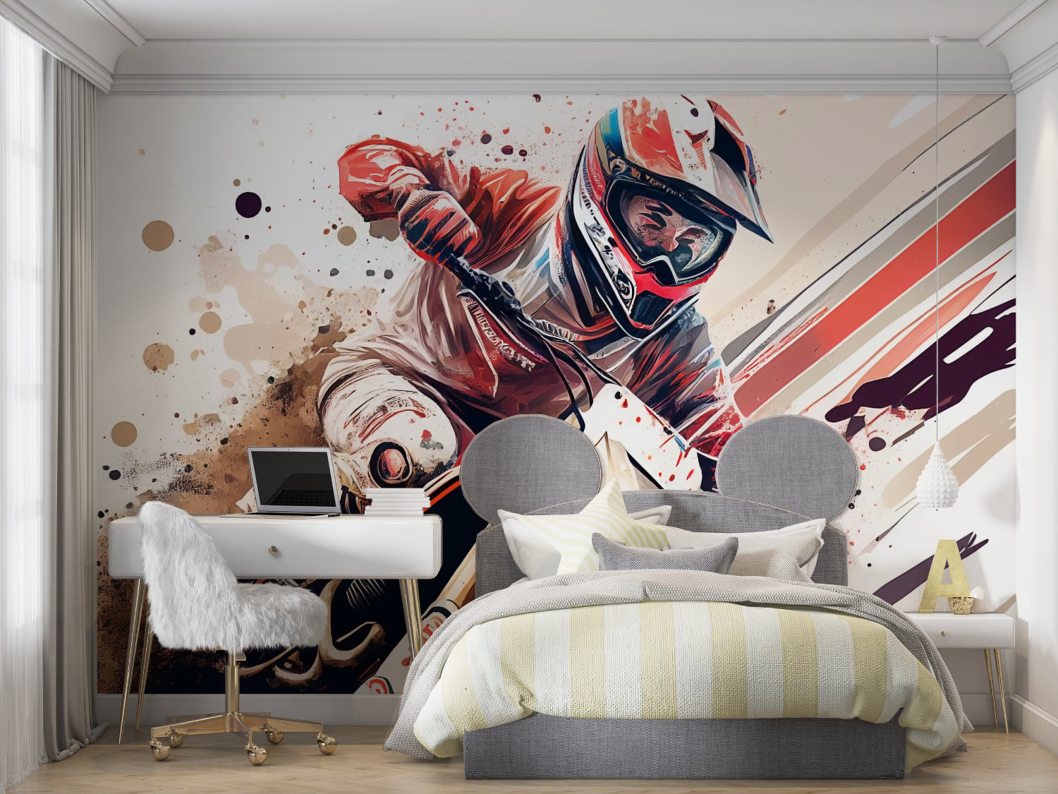 Sports mural creating impact in a stylish gaming room with red accents