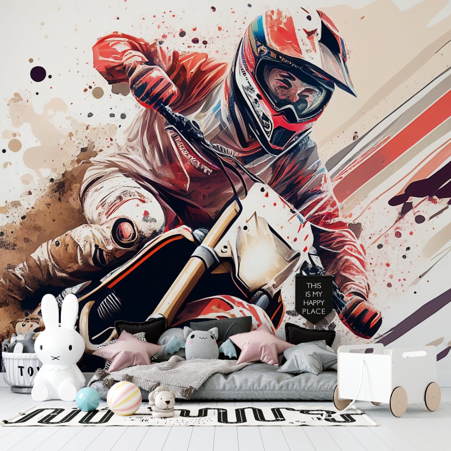 Dynamic motocross wallpaper transforming a cool hangout space
