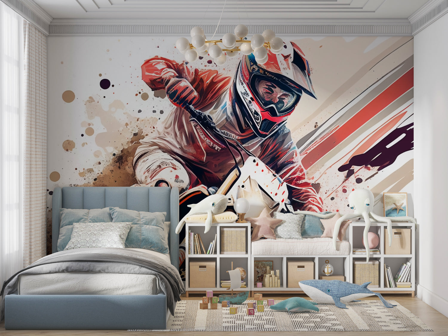 Action sports mural making statement in contemporary teen room