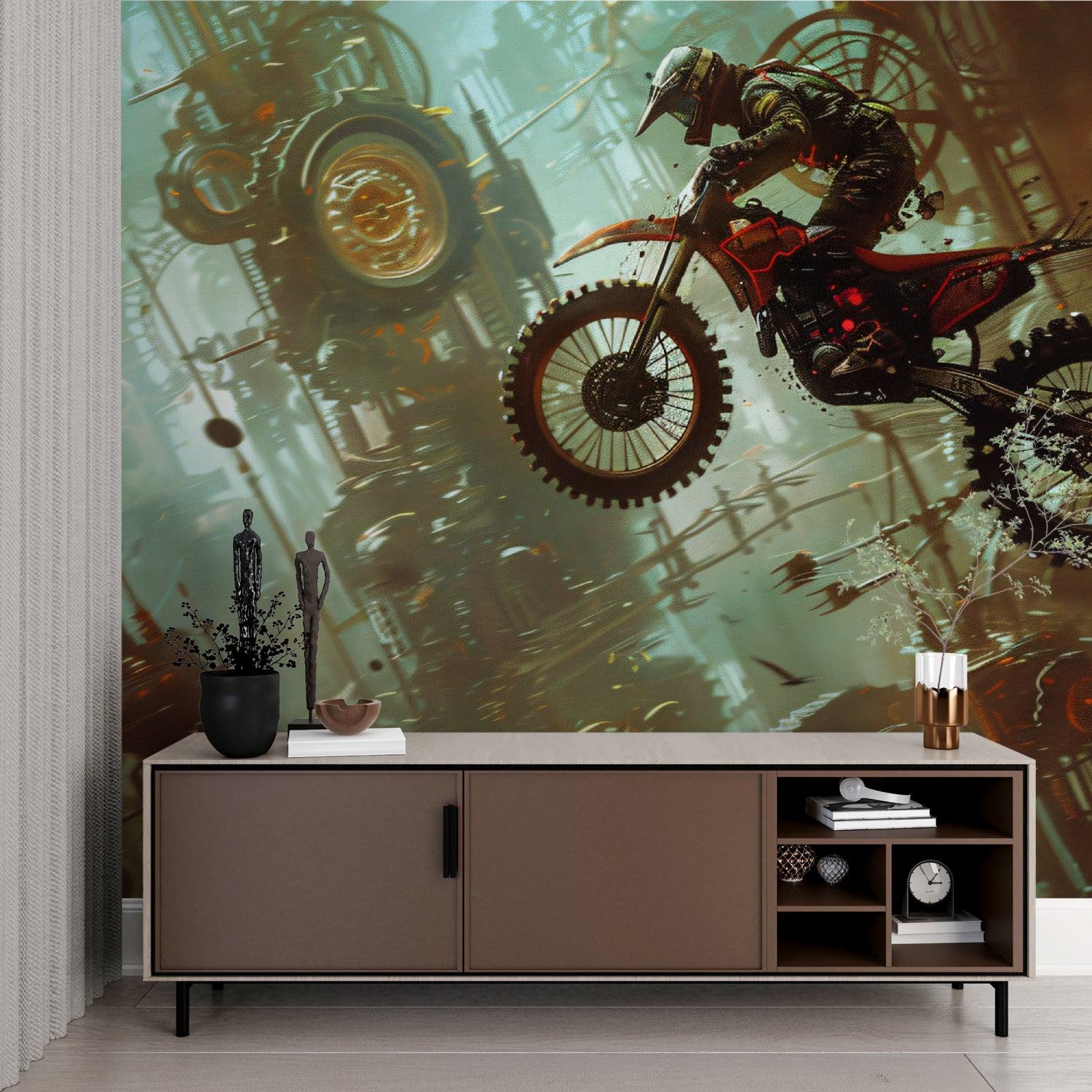 Sports action mural in a stylish game room showing motorcycle in motion