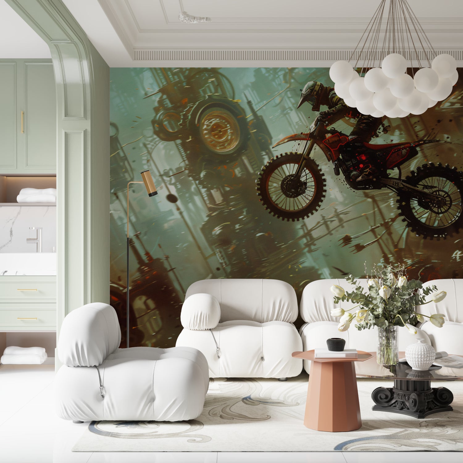 Dynamic motocross wall design transforming a home gym with bold sports theme