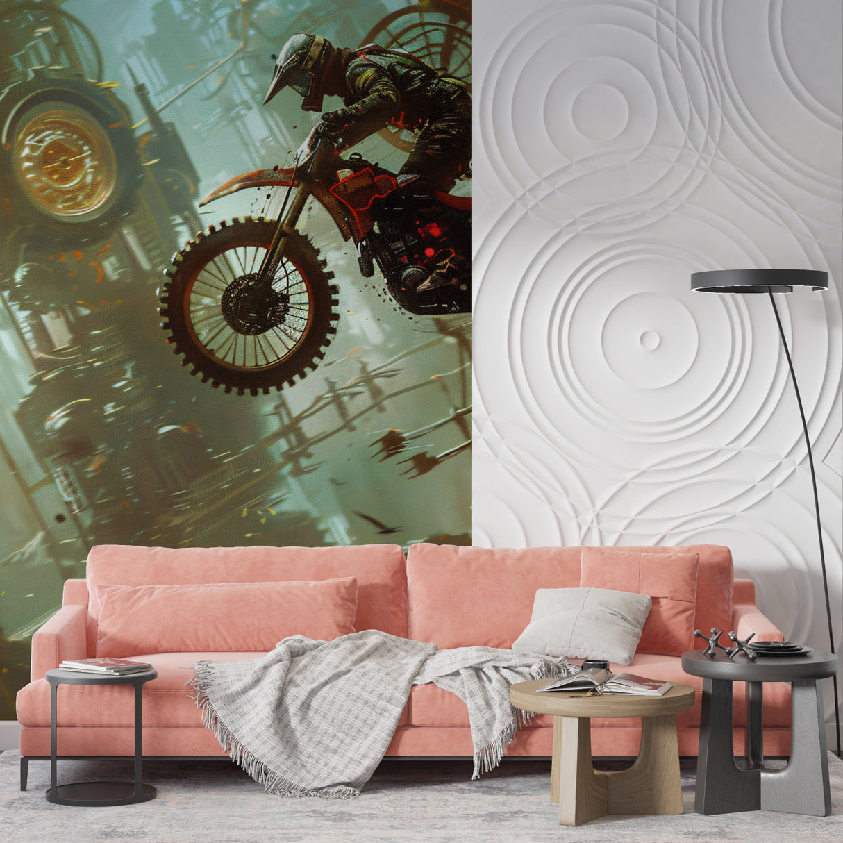 Sports themed wallpaper showcasing motocross action in a boys bedroom