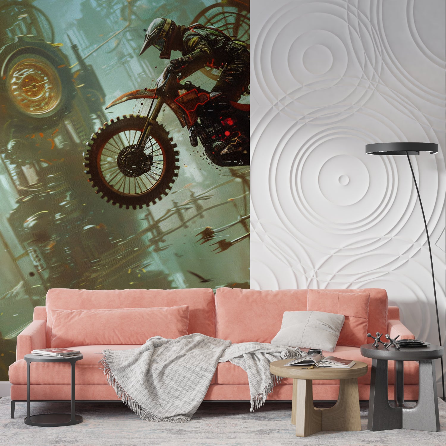 Sports themed wallpaper showcasing motocross action in a boys bedroom