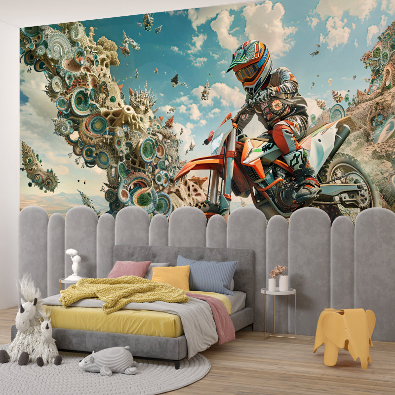 Motorcycle wall mural creating an energetic atmosphere in a home gym