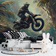 Motocross wallpaper mural in modern teen bedroom showing dynamic motorcycle action against tropical backdrop