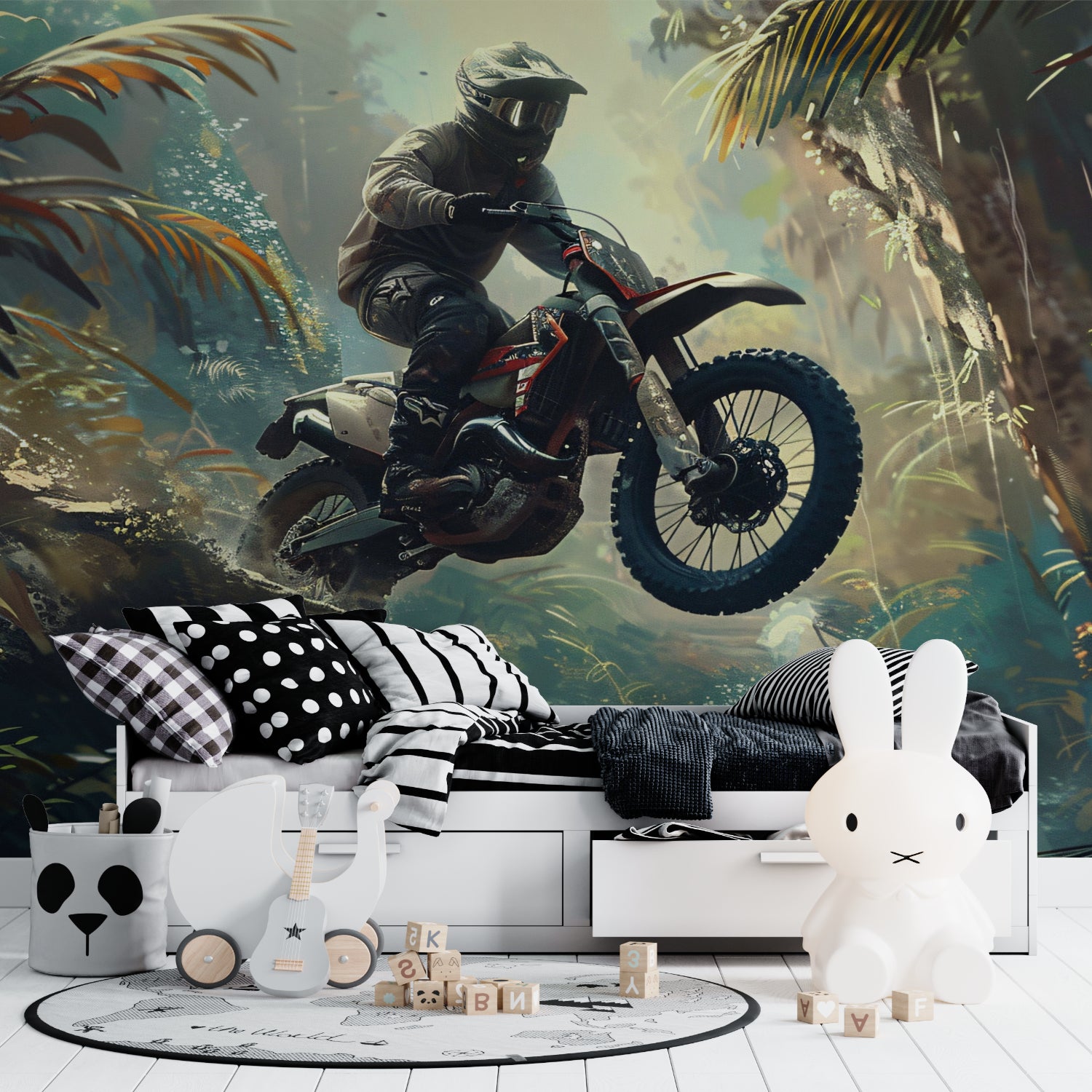 Motocross wallpaper mural in modern teen bedroom showing dynamic motorcycle action against tropical backdrop