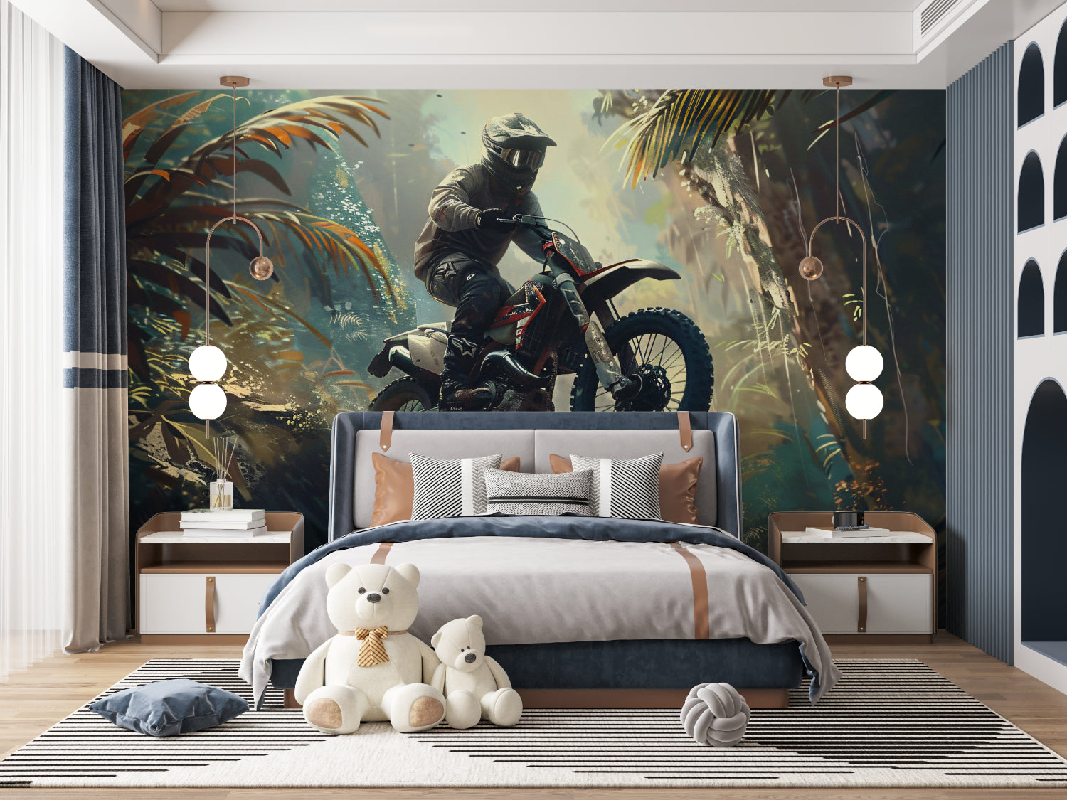 Sports action wall mural displayed in gaming room with motocross theme