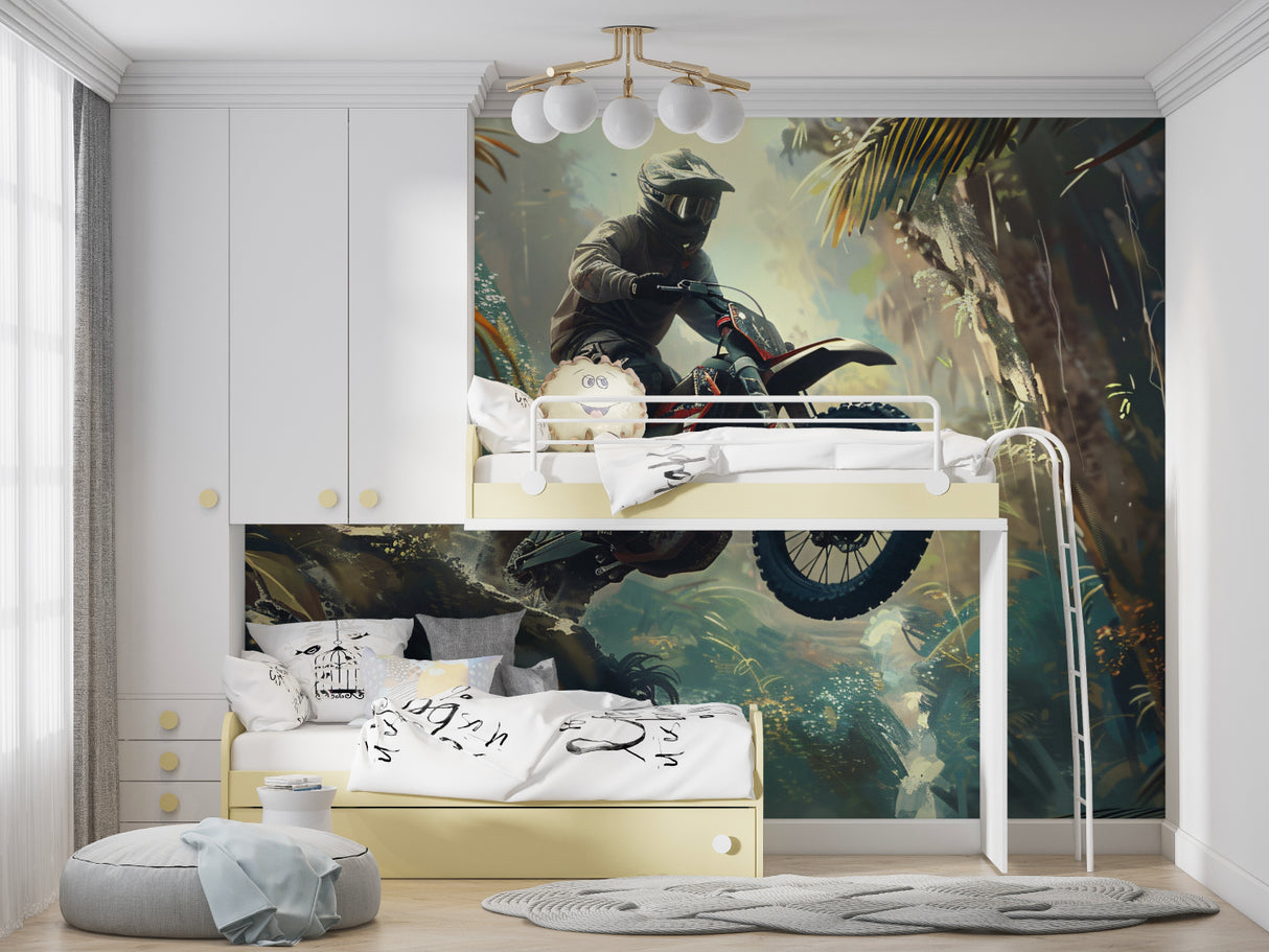 Motocross wall mural creating bold statement in modern living room