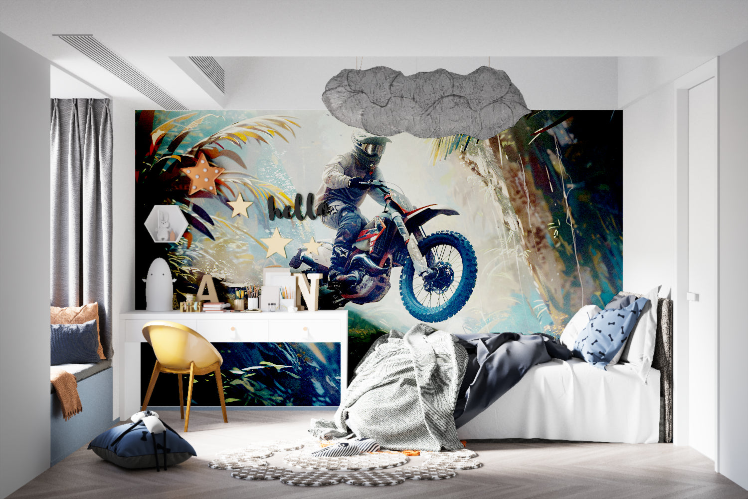 Dynamic sports wallpaper installation in recreational room setting