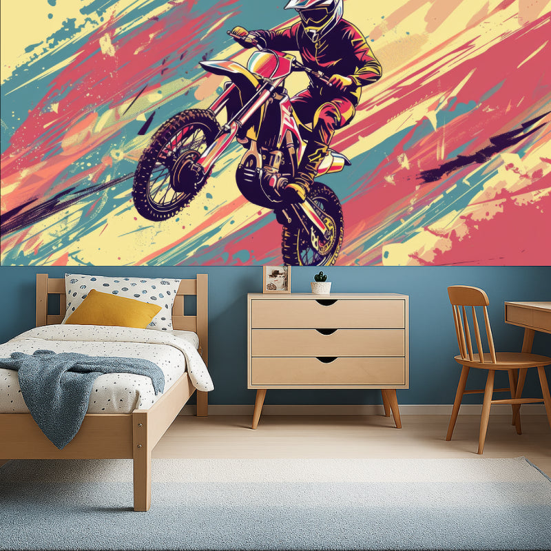 Sports mural wallpaper showcased in a contemporary game room with LED lighting