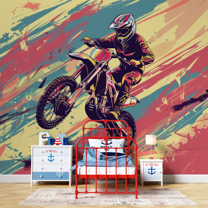 Dynamic motocross wallpaper creating impact in a urban-style living room