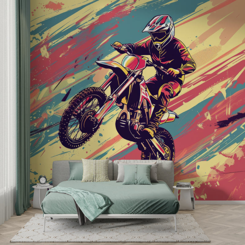 Racing wall mural transforming a modern home gym with bold design