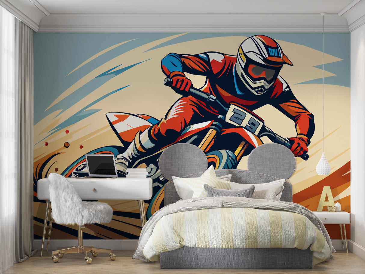 Modern teen bedroom featuring Motocross racing wallpaper mural with dynamic orange motorbike design