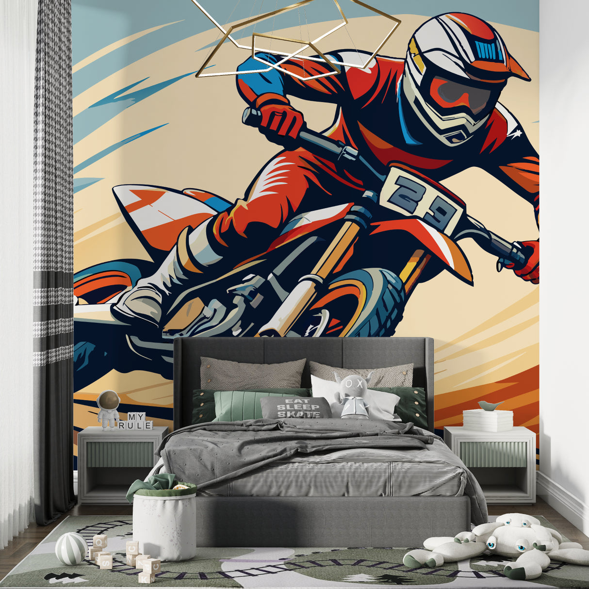 Game room transformed with sports wall mural showing motocross action scene