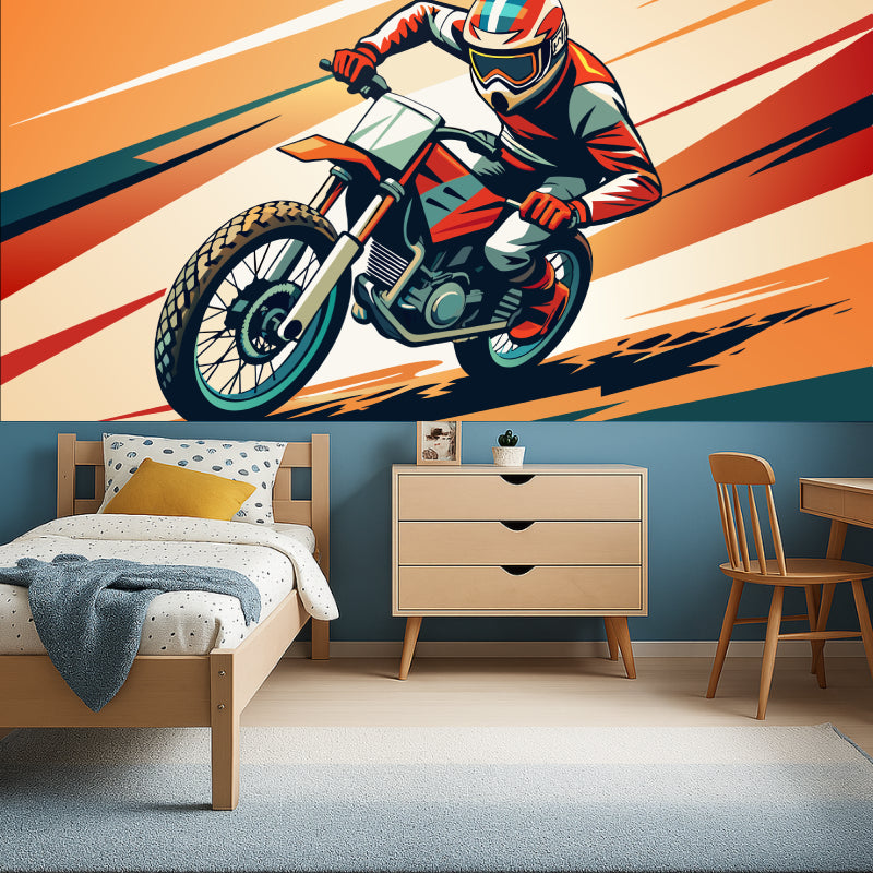 Dynamic motorcycle wall mural creating excitement in a stylish gaming room setup