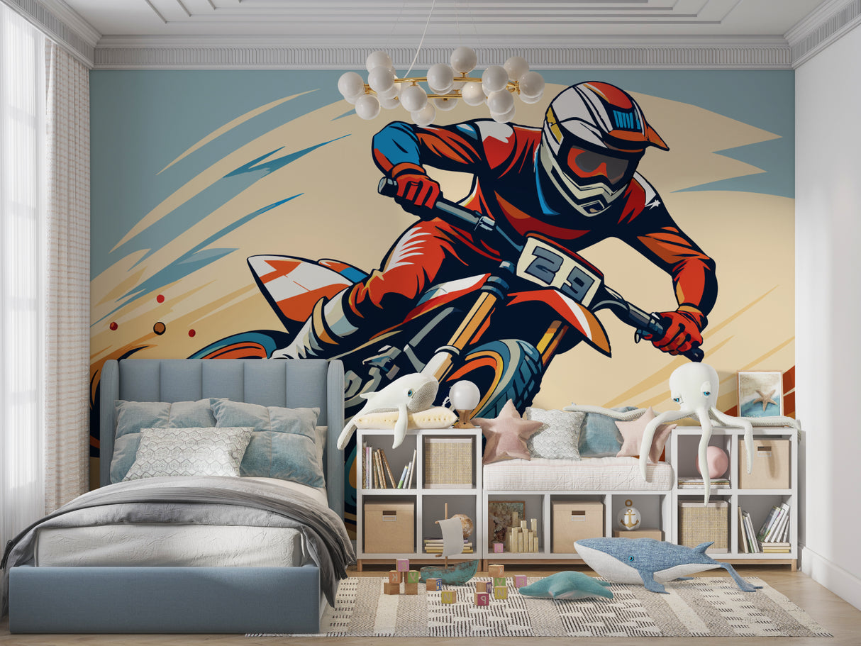 Living room accent wall with motorcycle racing wallpaper design in navy and orange