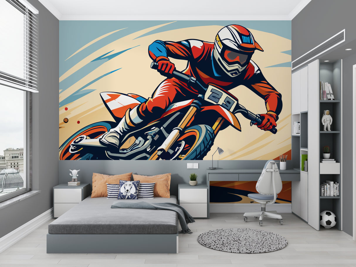 Man cave featuring dynamic motocross wall mural with speed elements