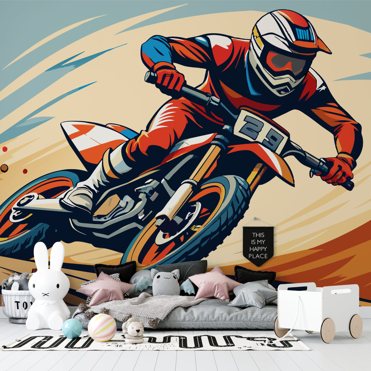 Home office space showcasing sports themed motocross wallpaper design