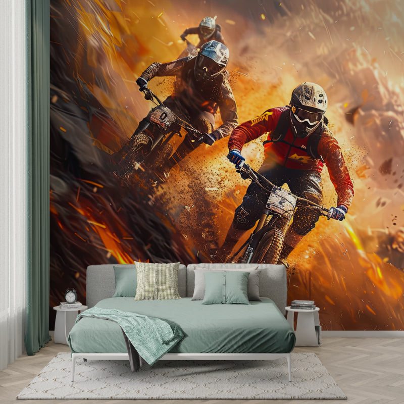 Motocross racing wallpaper bringing energy to a modern teen bedroom with orange and black dynamic design