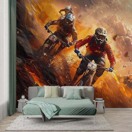 Motocross racing wallpaper bringing energy to a modern teen bedroom with orange and black dynamic design