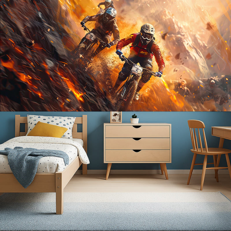 Sports action mural displayed in a gaming room showing intense motocross racing scene